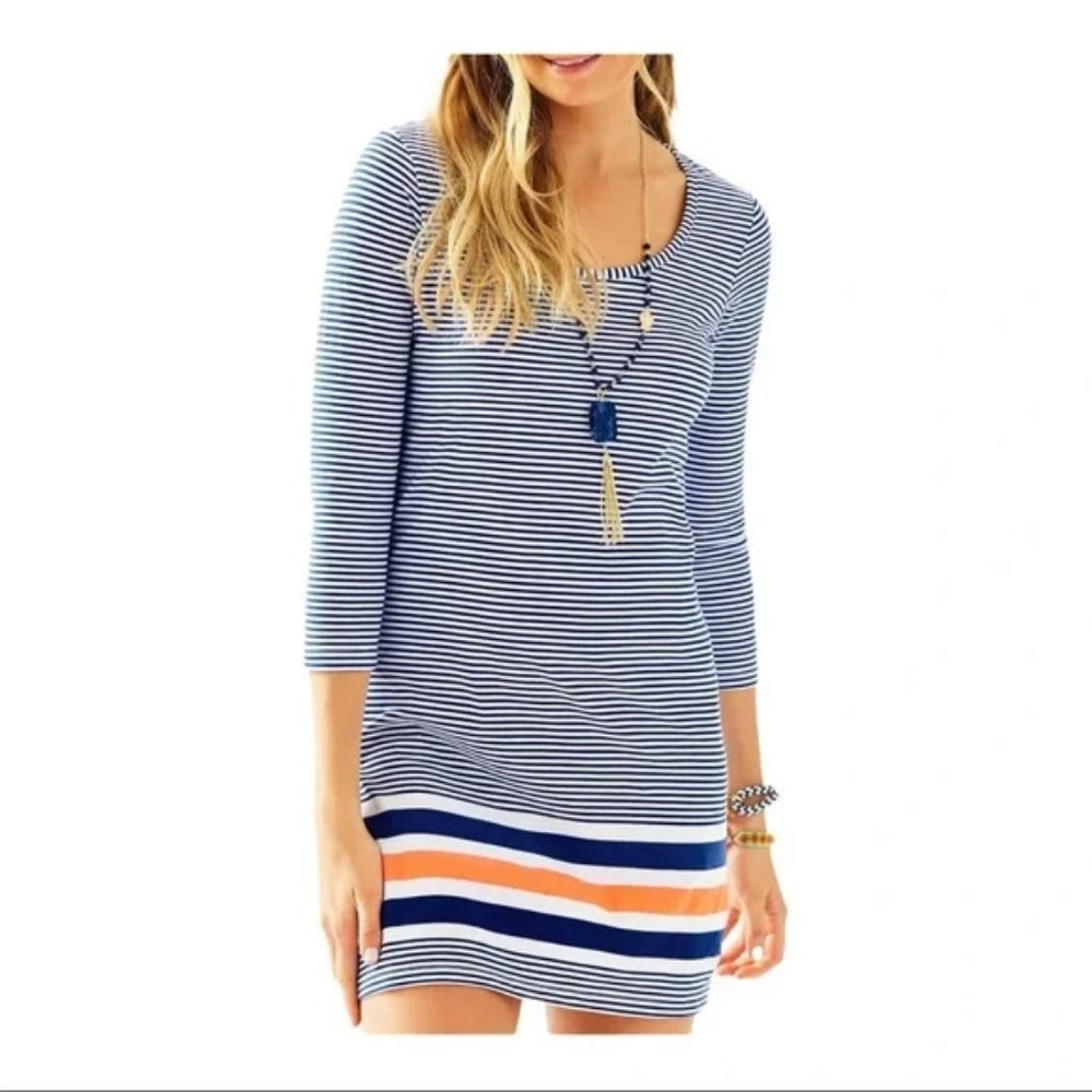 Lilly Pulitzer Beacon T-shirt dress 3/4 sleeves round neck stripes Exotic Garden